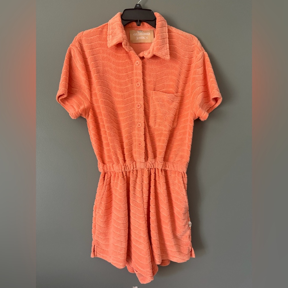 Anthropologie Araminta James Womens Orange Short Sleeve Terry Towel Romper Small